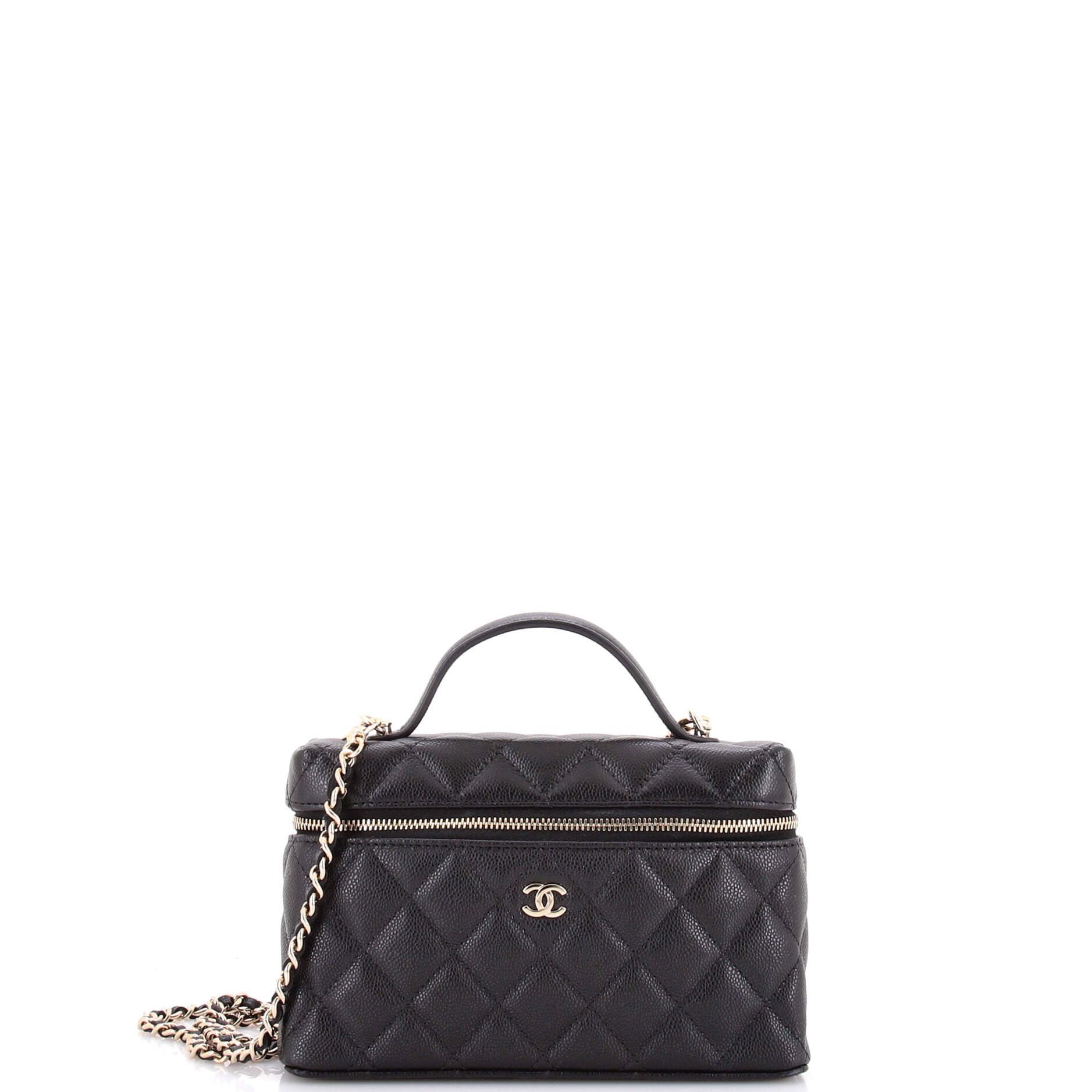 Classic Top Handle Slim Vanity Case with Chain Quilted Caviar Small