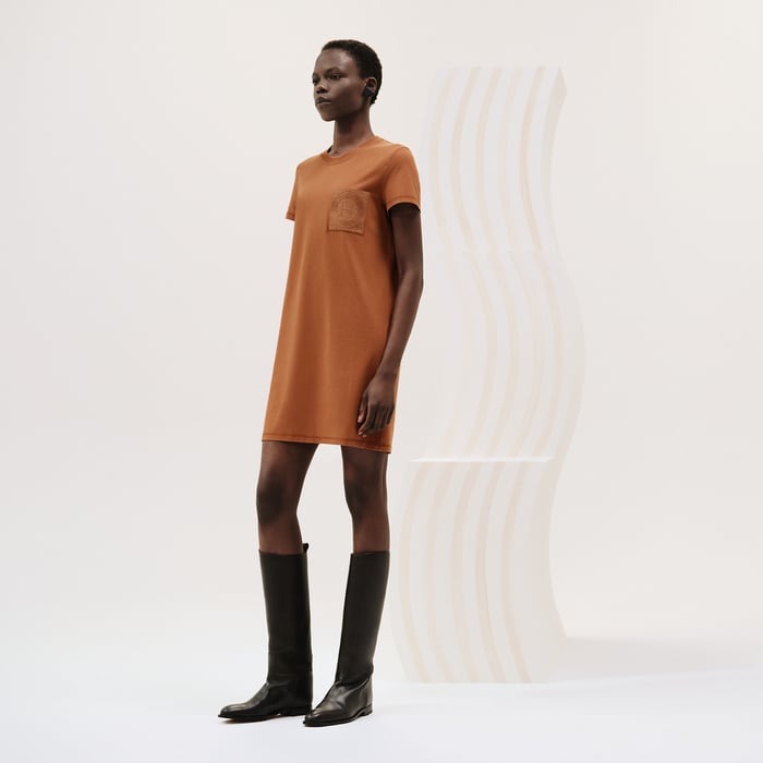Marron Alezan Embroidered Pocket Dress
