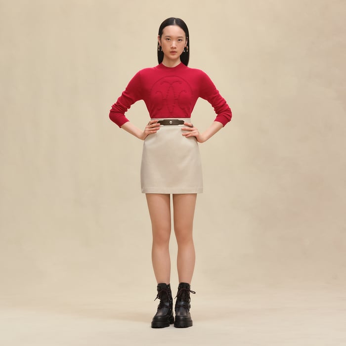 Beige Avoine Double Cotton Twill Skirt
