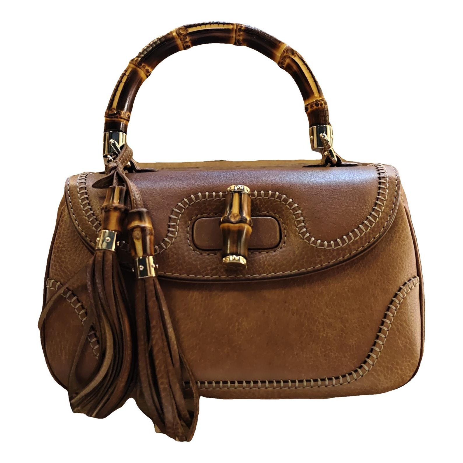 Convertible Pompon Bamboo Top Handle leather handbag