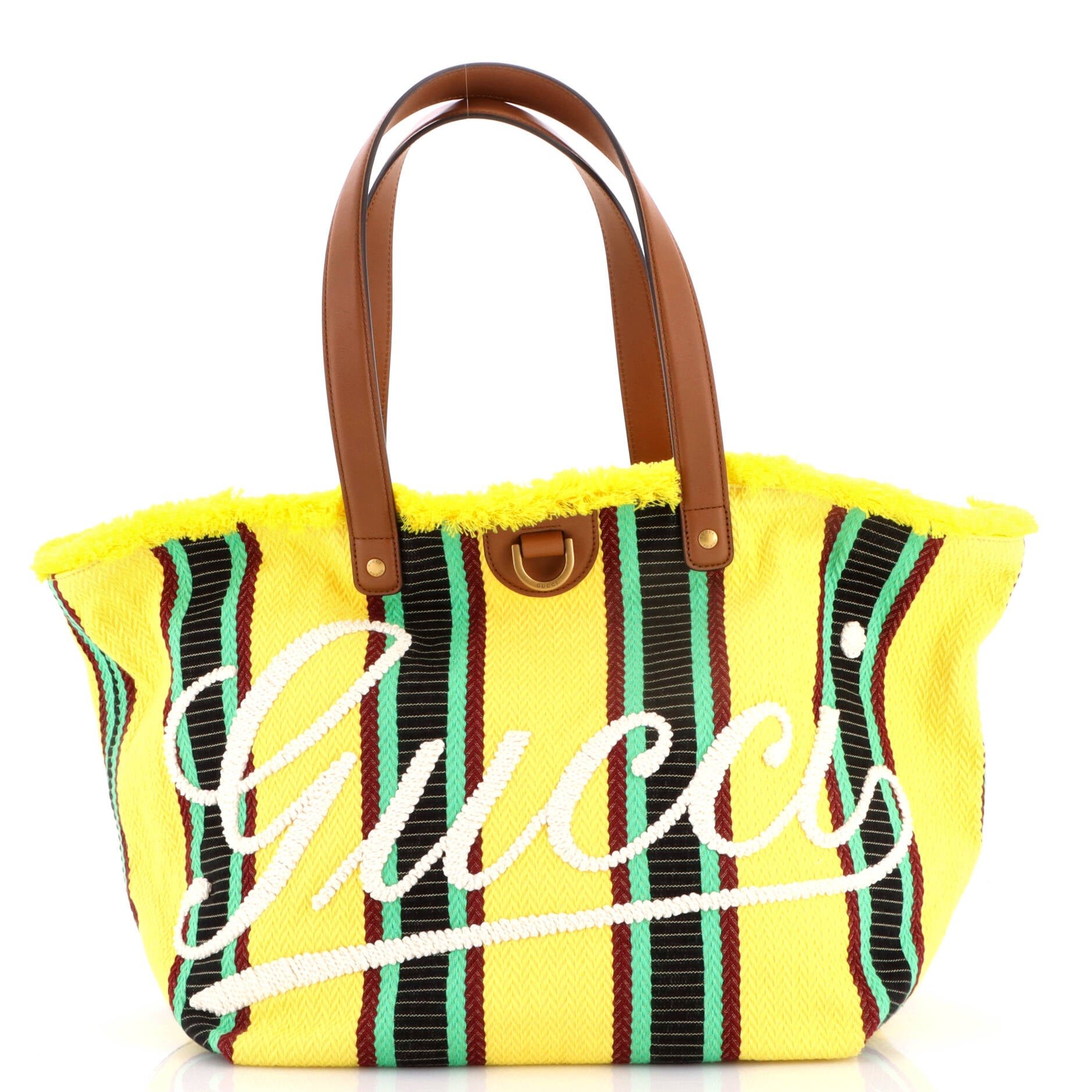 Script Open Tote Embroidered Stripe Canvas with Leather Medium
