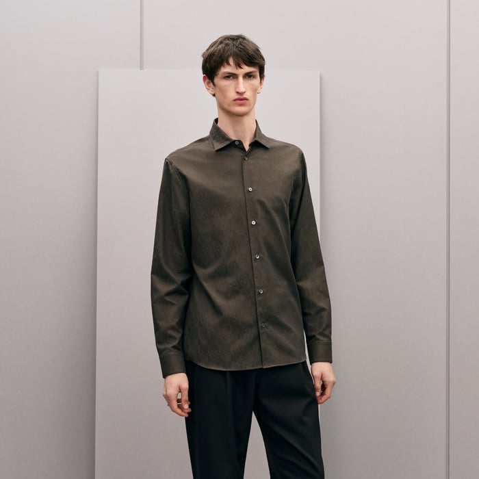 Taupe "Jacquard Optique Chaine" Straight Cut Shirt With Paolo Collar