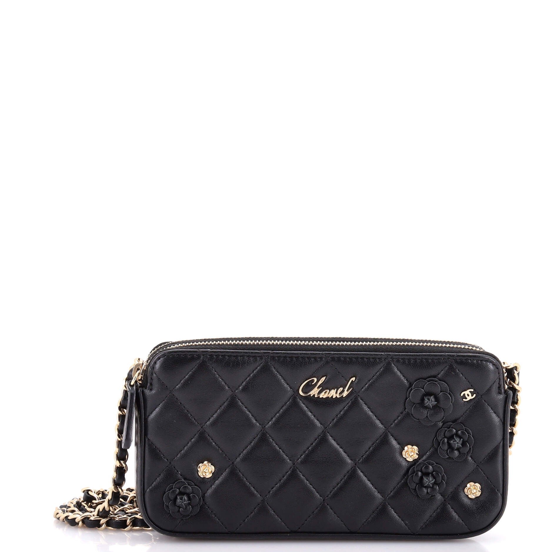 Camellia Charms Double Zip Clutch with Chain Quilted Lambskin