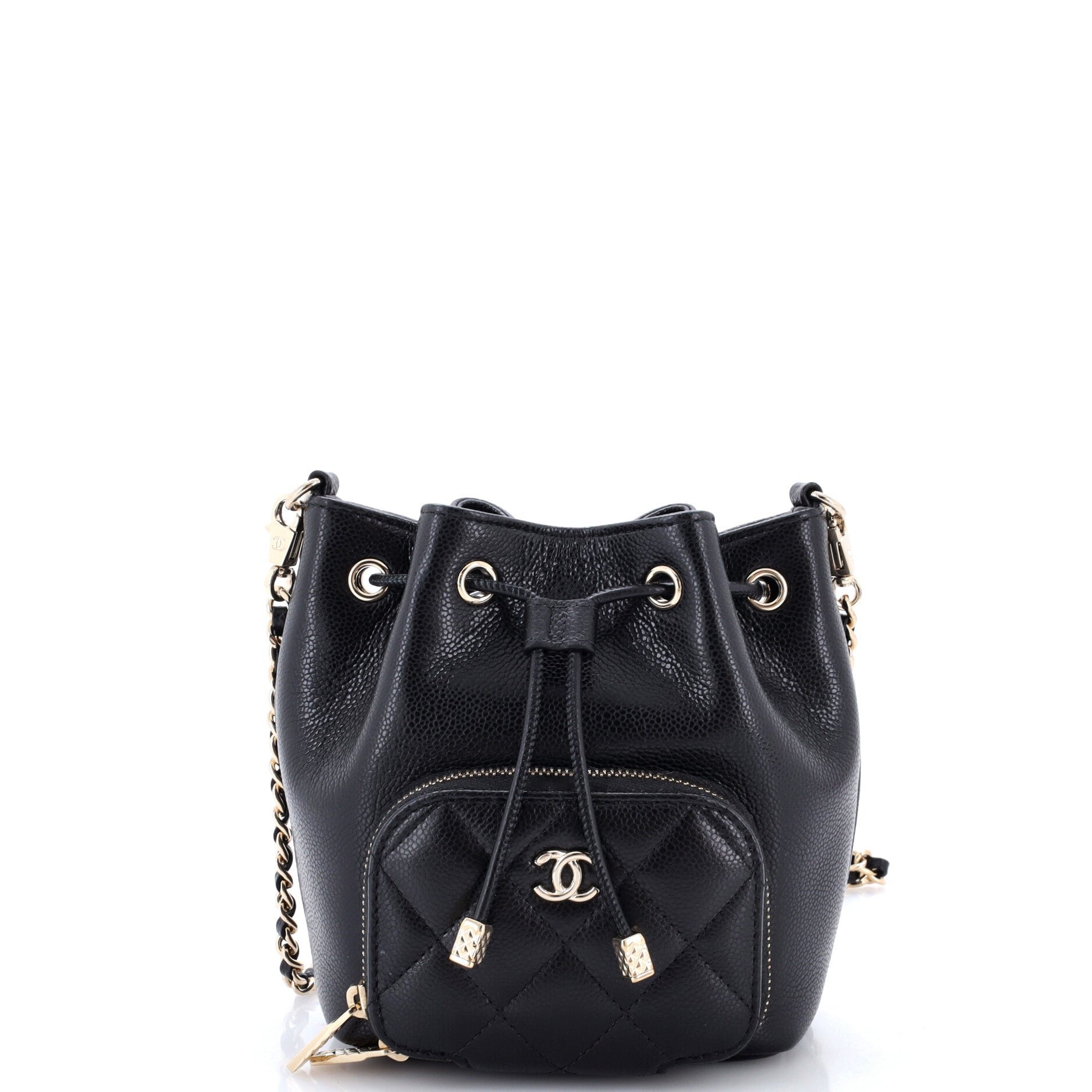 Business Affinity Top Handle Drawstring Bucket Bag Quilted Caviar Mini