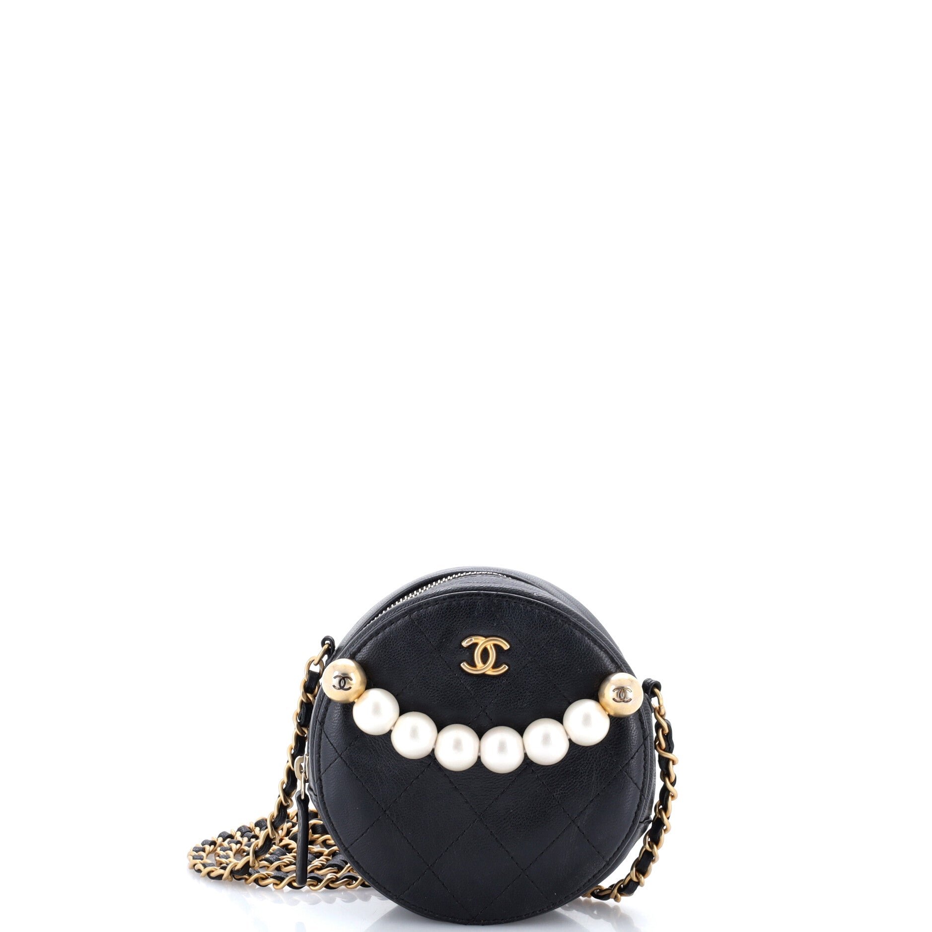 Chic Pearls Round Clutch with Chain Quilted Lambskin