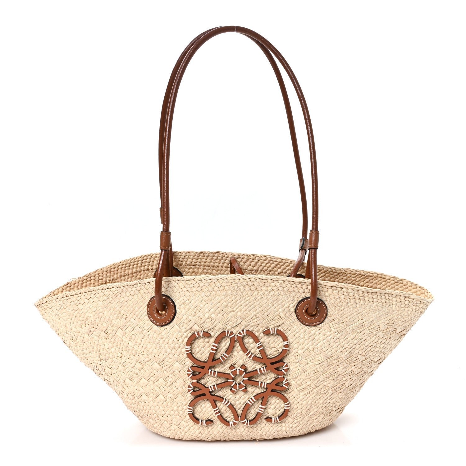 Loewe Calfskin Raffia Paulas Ibiza Small Anagram Basket Tote Bag Natural Tan