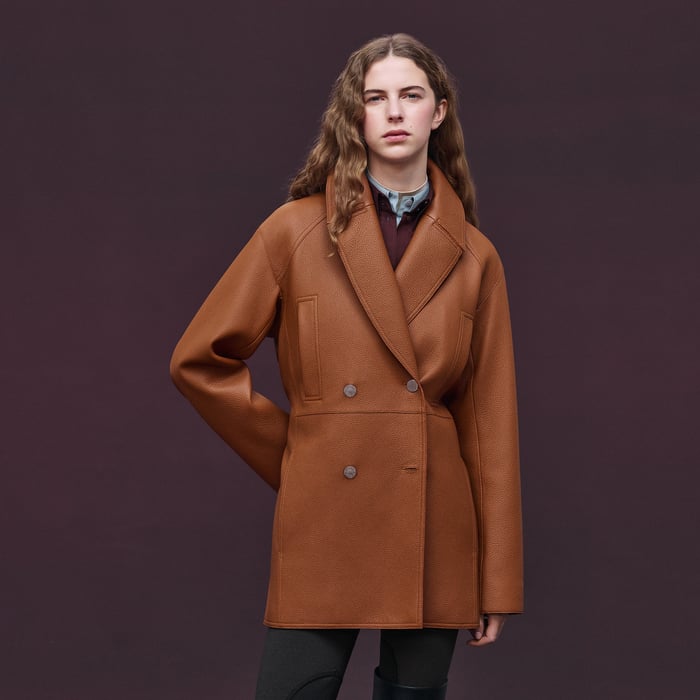 Marron Fauve Leather Pea Coat