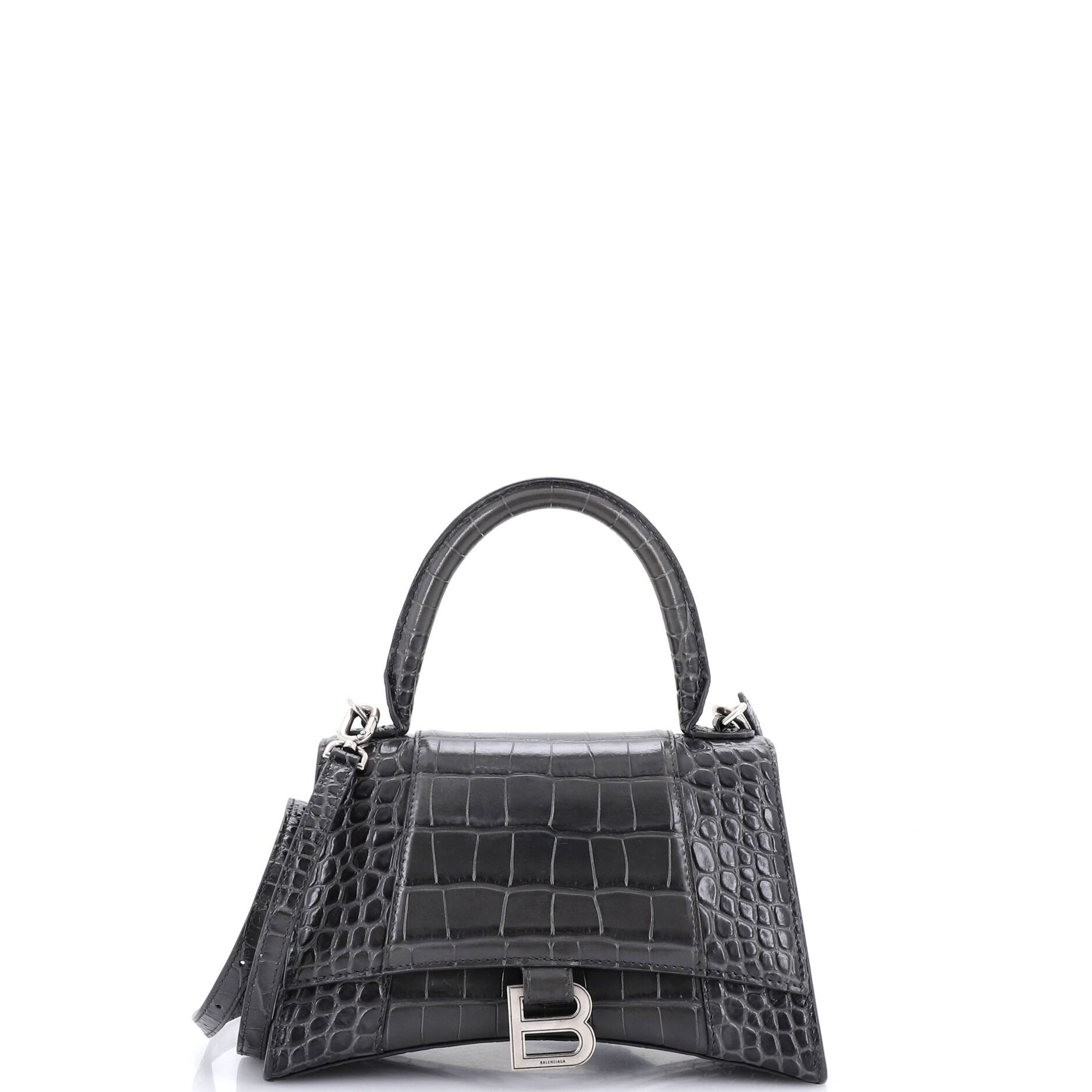 Hourglass Top Handle Bag Crocodile Embossed Leather Small