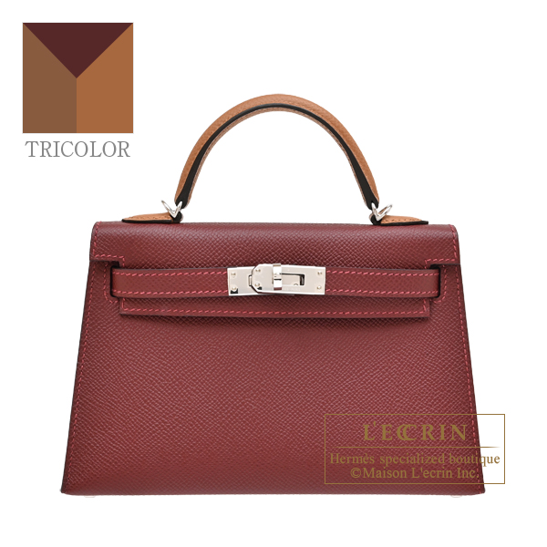 Hermes Kelly bag mini Tricolore Sellier Rouge H/Gold/Bai brun Epsom leather Silver hardware