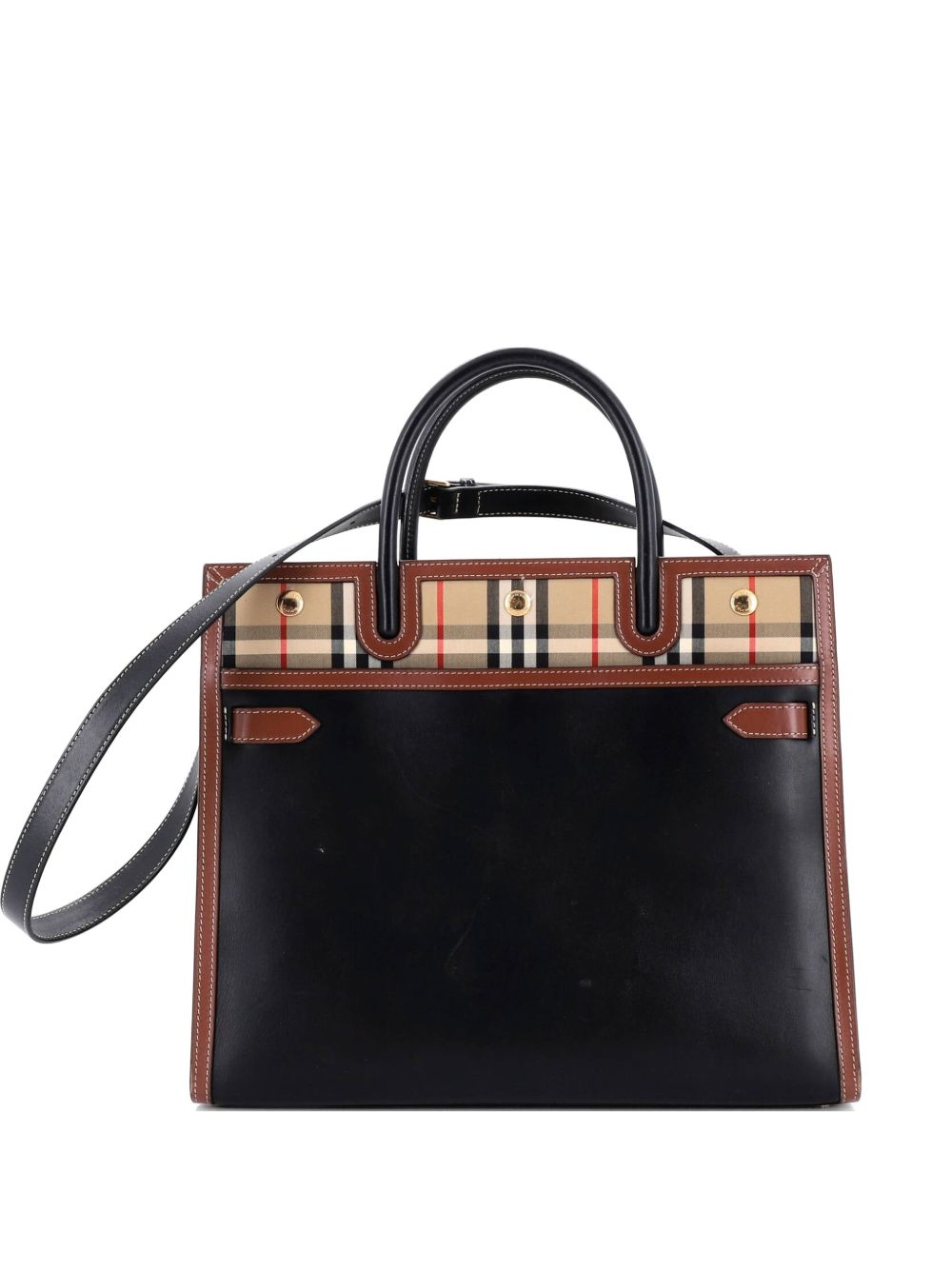 Title Two Handle Tote Leather with Vintage Check Canvas Medium satchel
