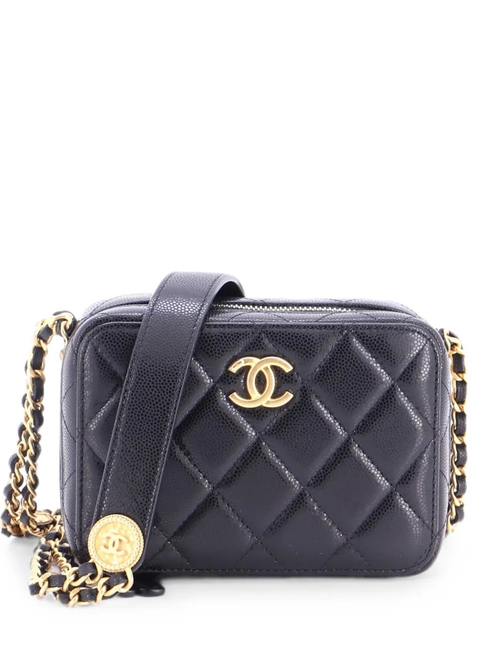 Twist Your Buttons Zip Around Vanity Case with Chain Quilted Caviar clutch bag