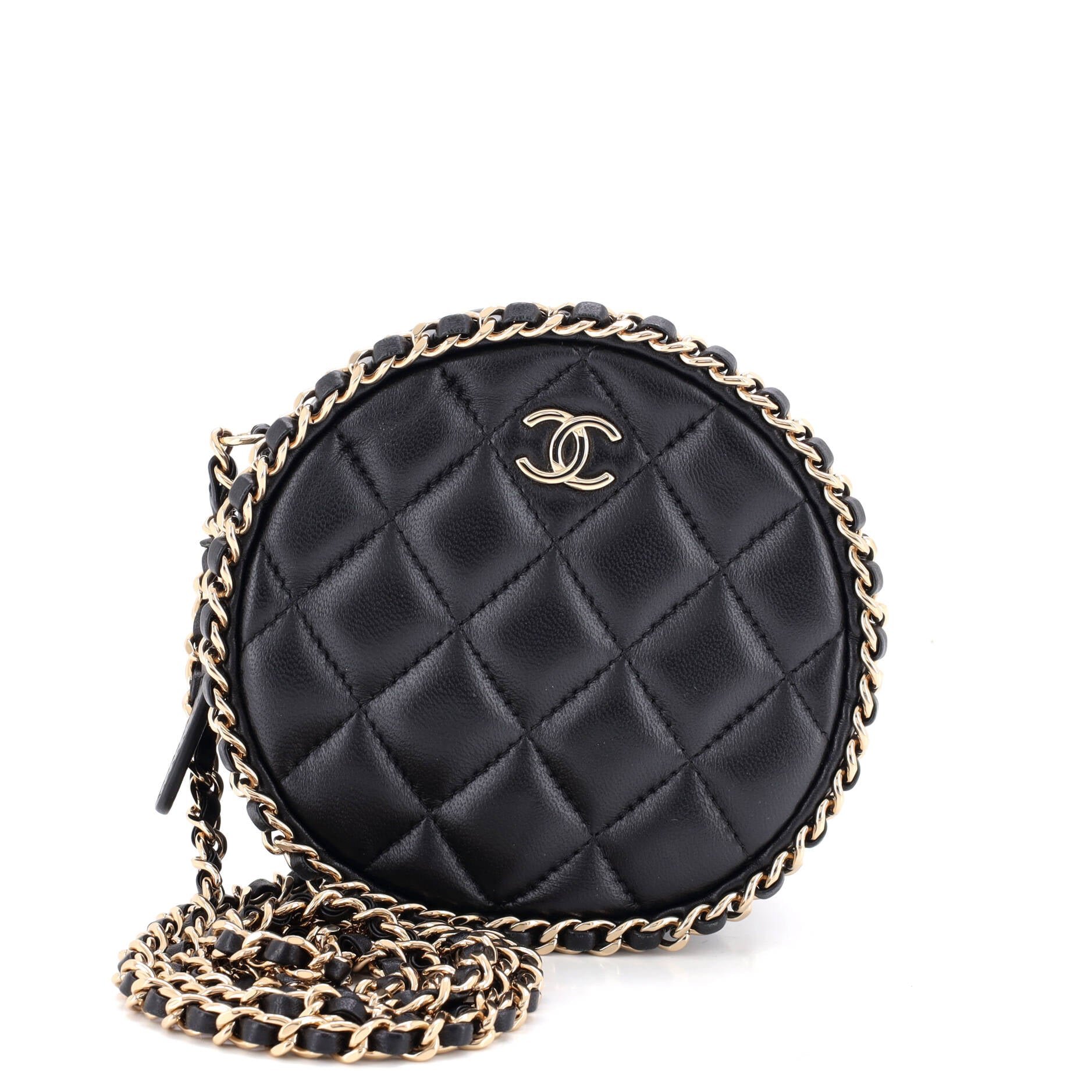 Chain Around Round Clutch with Chain Quilted Lambskin