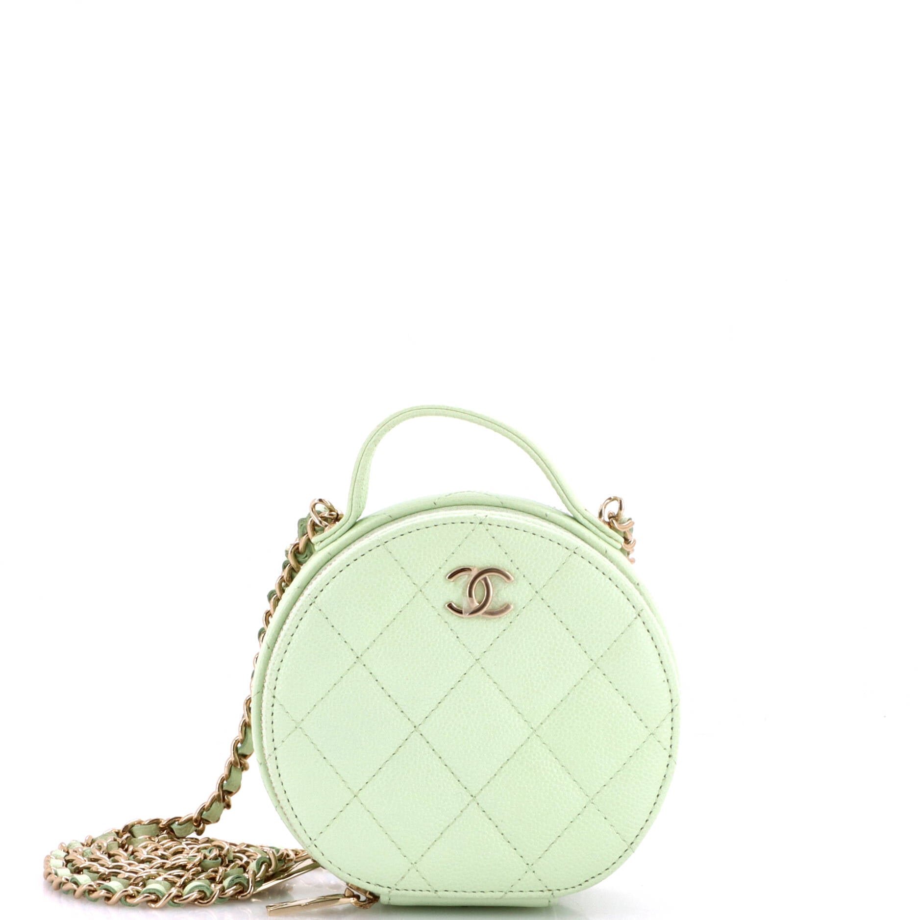 Handle with Care Round Vanity Case with Chain Quilted Caviar Small