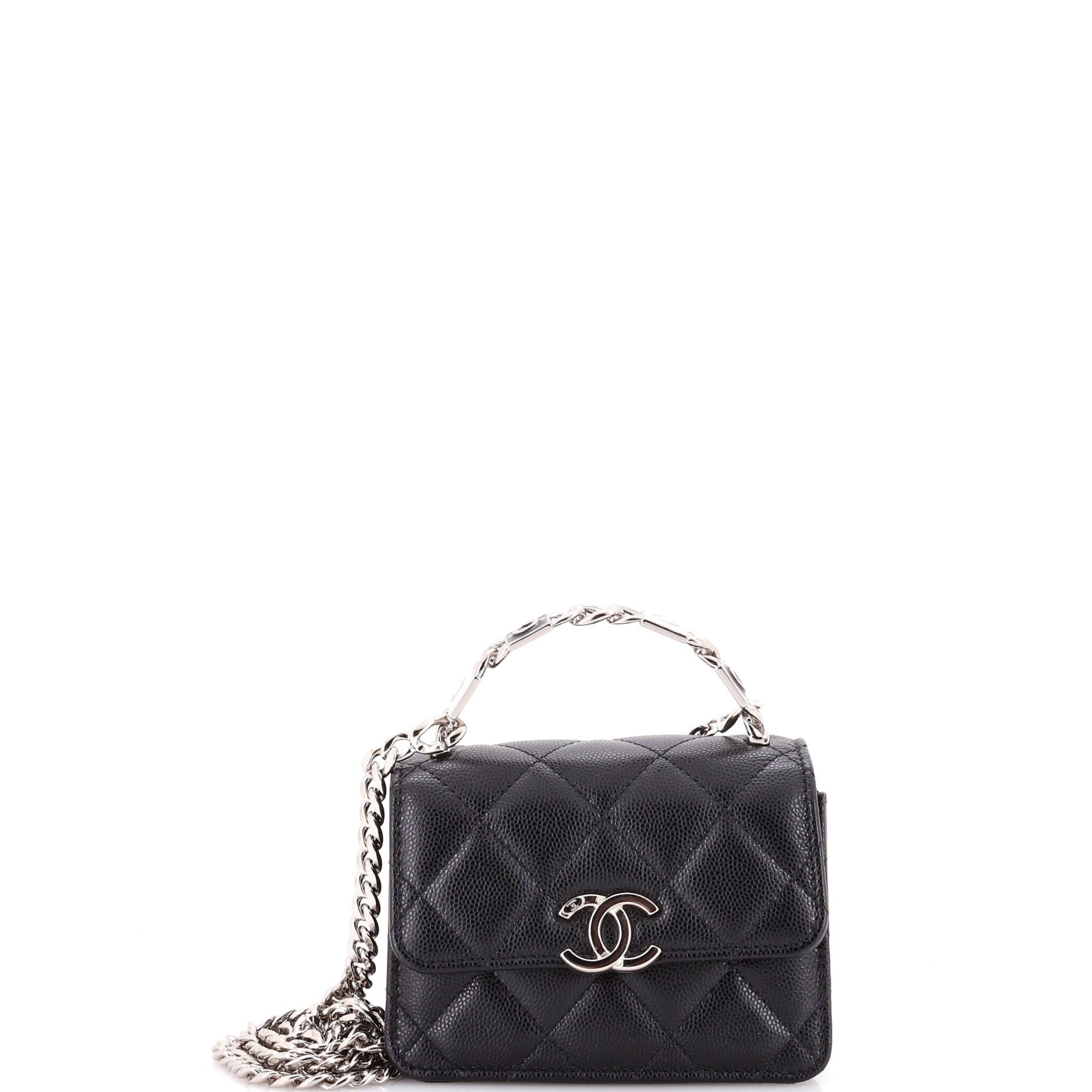 Coco Enamel Top Handle Flap Clutch with Chain Quilted Caviar