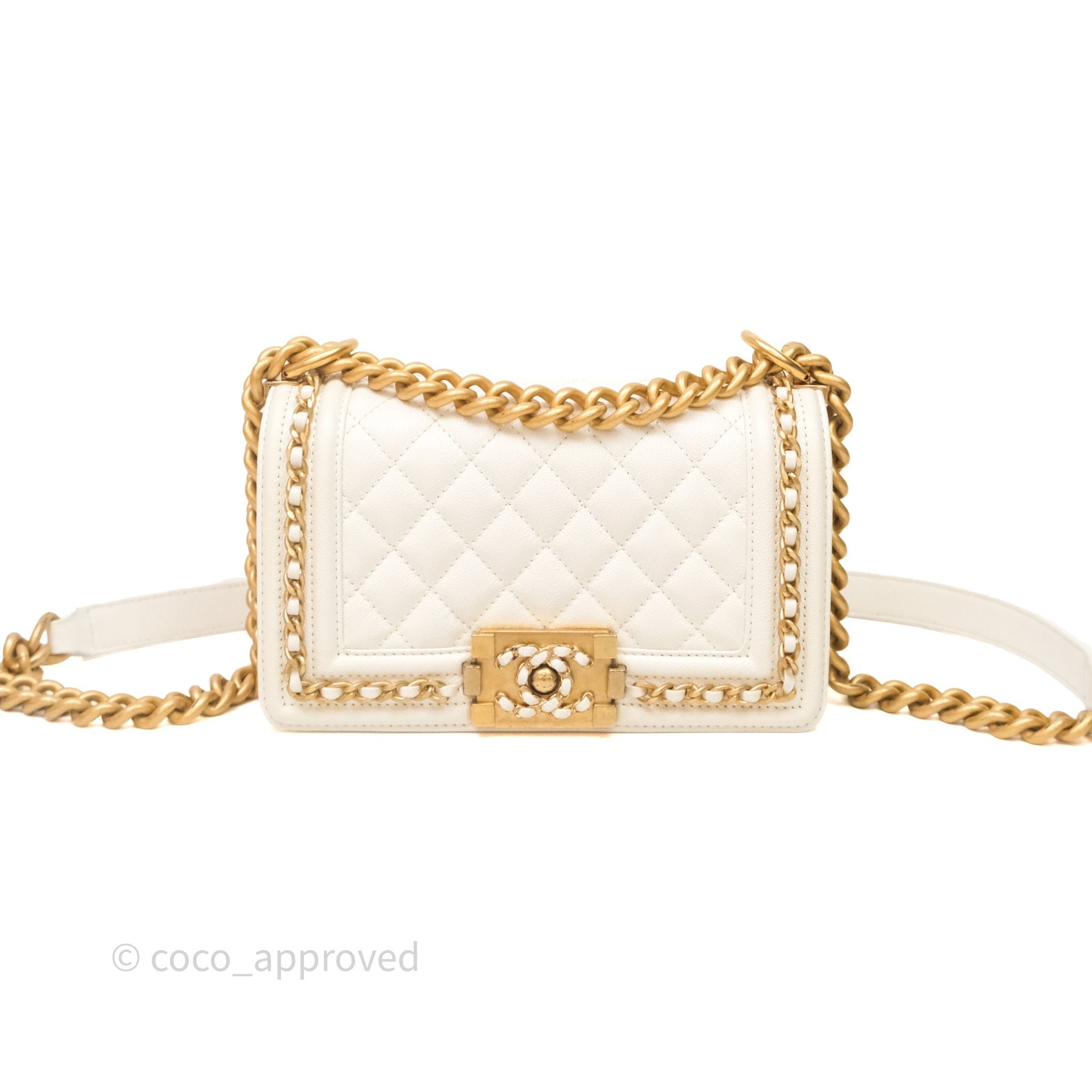 Chanel Quilted Small Around Boy White Caviar Aged Gold Hardware
