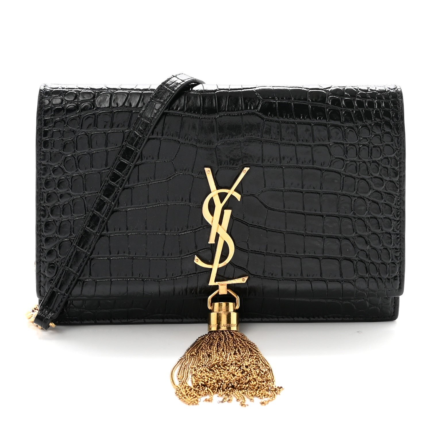Saint Laurent Calfskin Crocodile Embossed Kate Monogram Tassel Chain Wallet Black