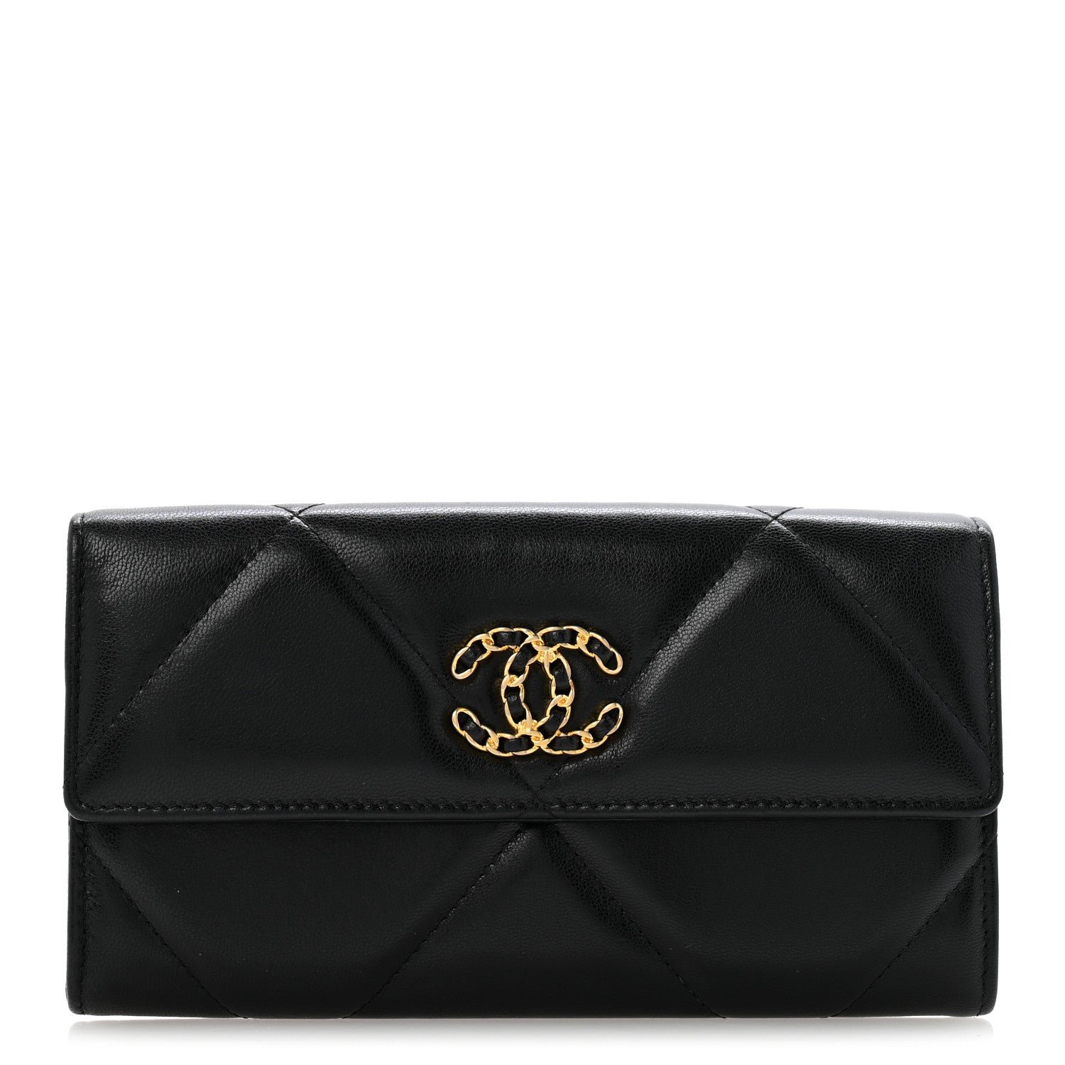 Chanel Shiny Goatskin Quilted Chanel 19 Flap Wallet Black
