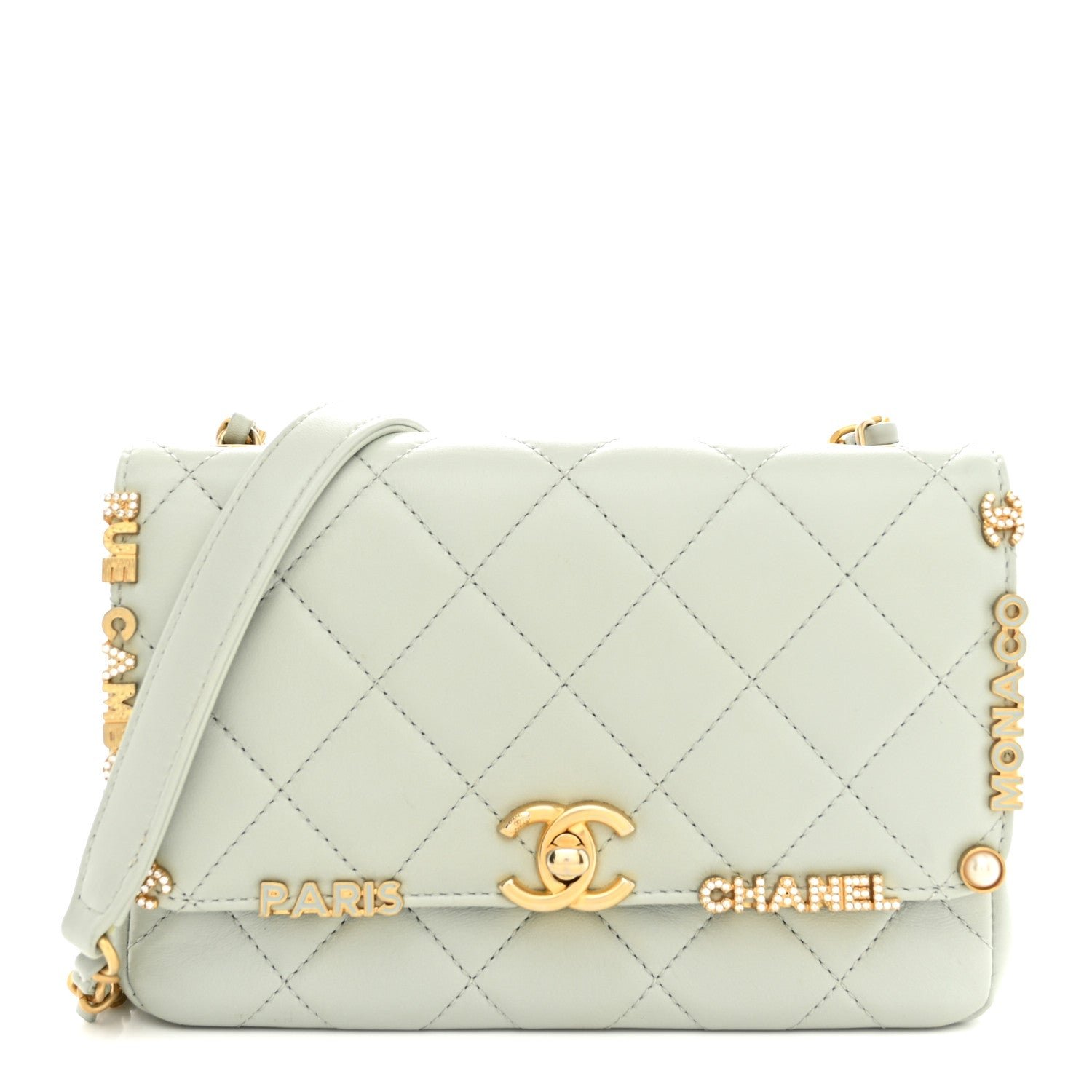 Chanel Lambskin Enamel Strass Quilted Mini Paris Monaco Flap Light Grey