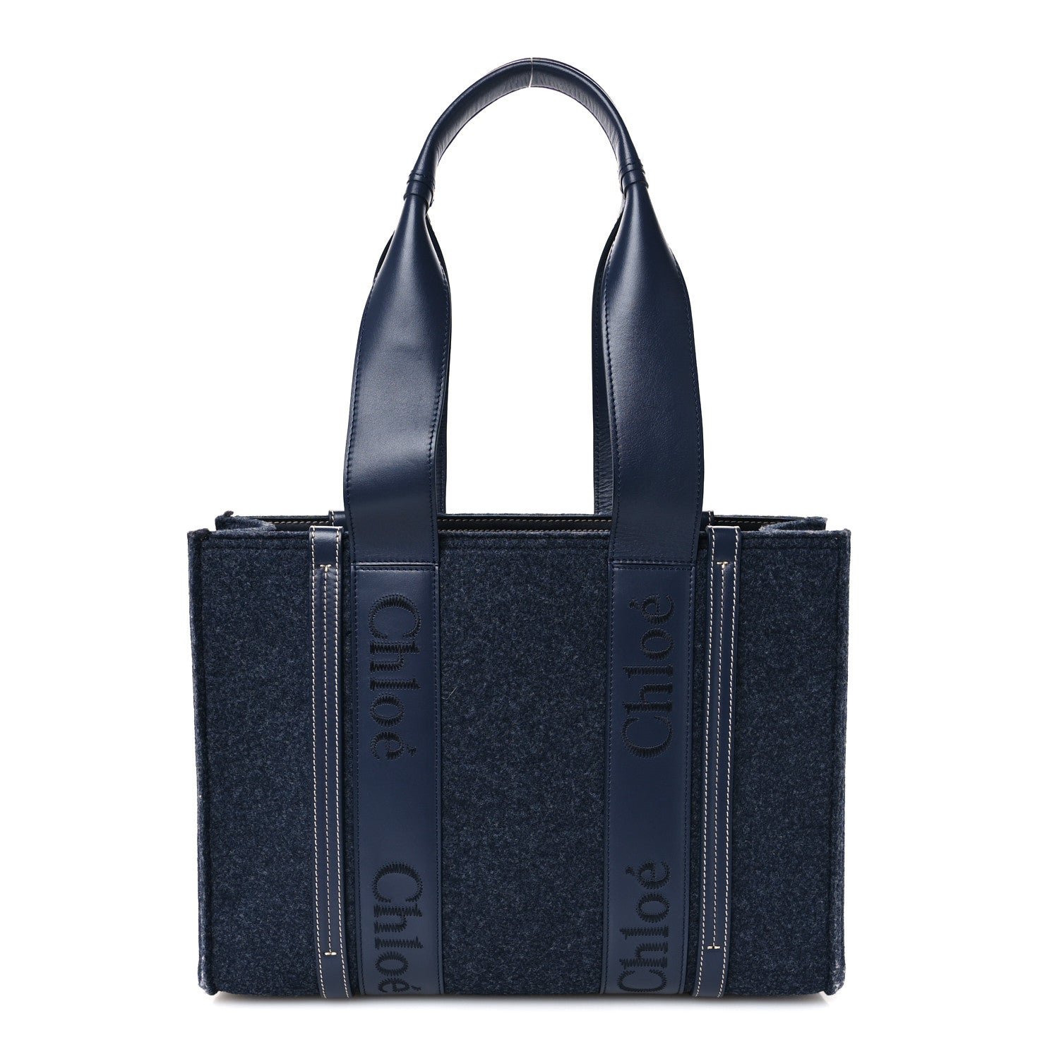 Chloe Felt Shiny Calfskin Medium Woody Ribbon Tote Obscure Navy