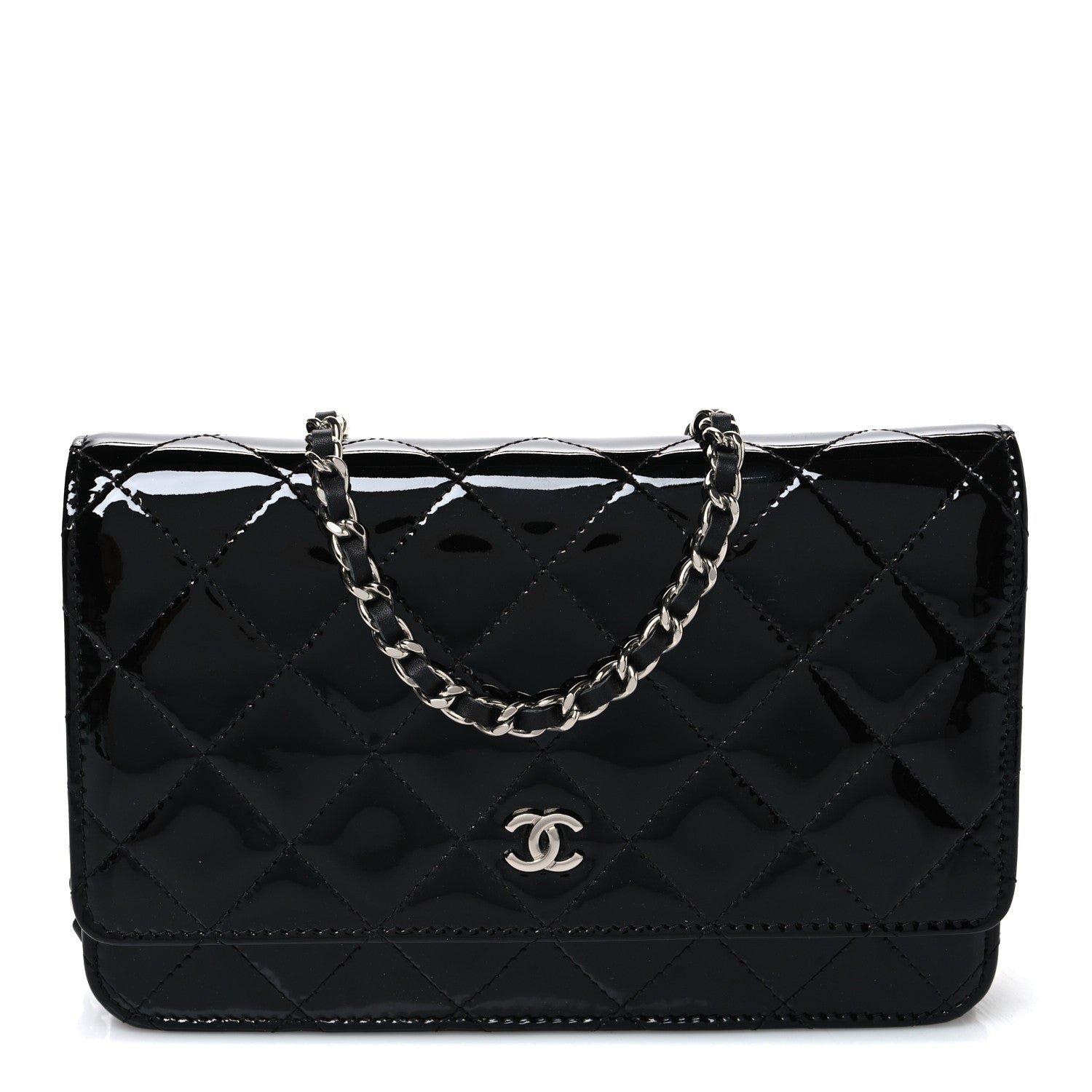 Chanel Patent Quilted Wallet On Chain WOC Black