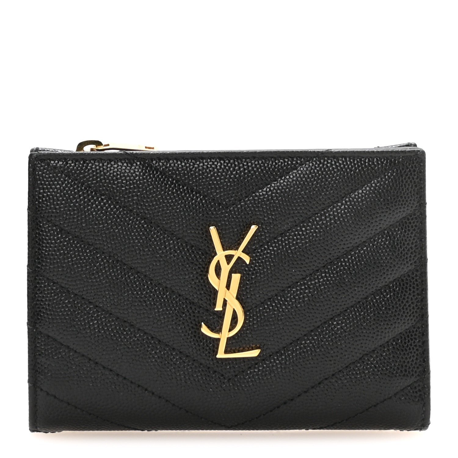 Saint Laurent Grain De Poudre Matelasse Chevron Monogram Zipped Two-Part Wallet Black