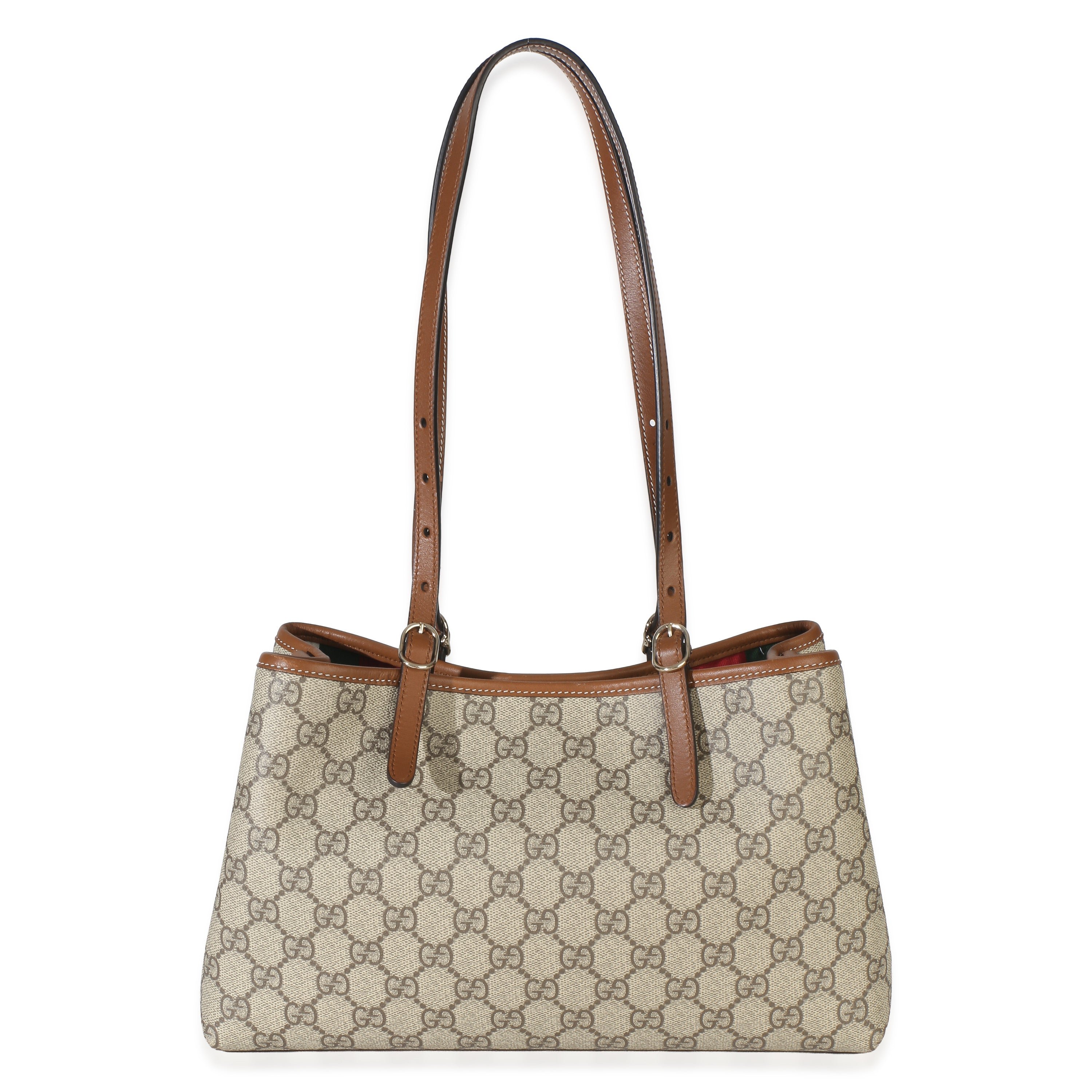 Beige Brown GG Supreme Canvas Emblem Medium Tote
