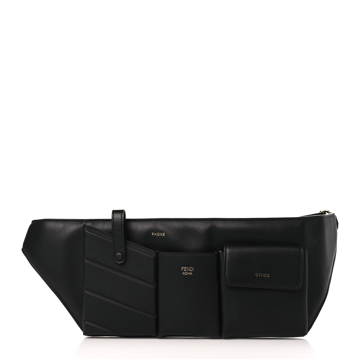 Fendi Vitello Grace Matte 3 Pocket Belt Pouch Black Soft Gold