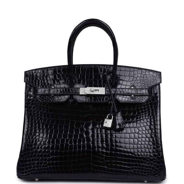 Vintage Hermes Birkin 35 Bleu Marine Shiny Porosus Crocodile 18K White Gold Diamond Hardware