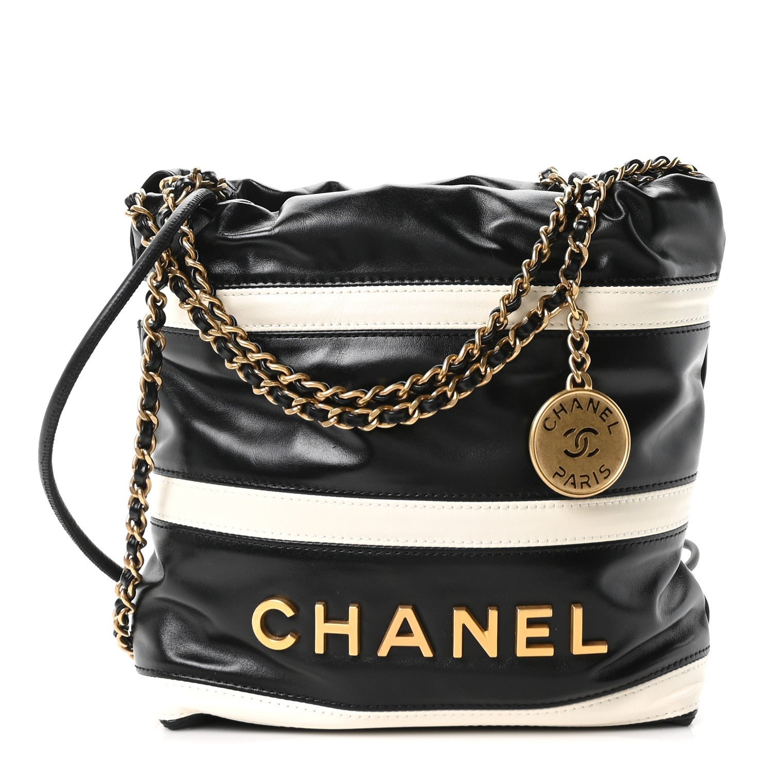 Chanel Shiny Calfskin Striped Mini Chanel 22 Black White
