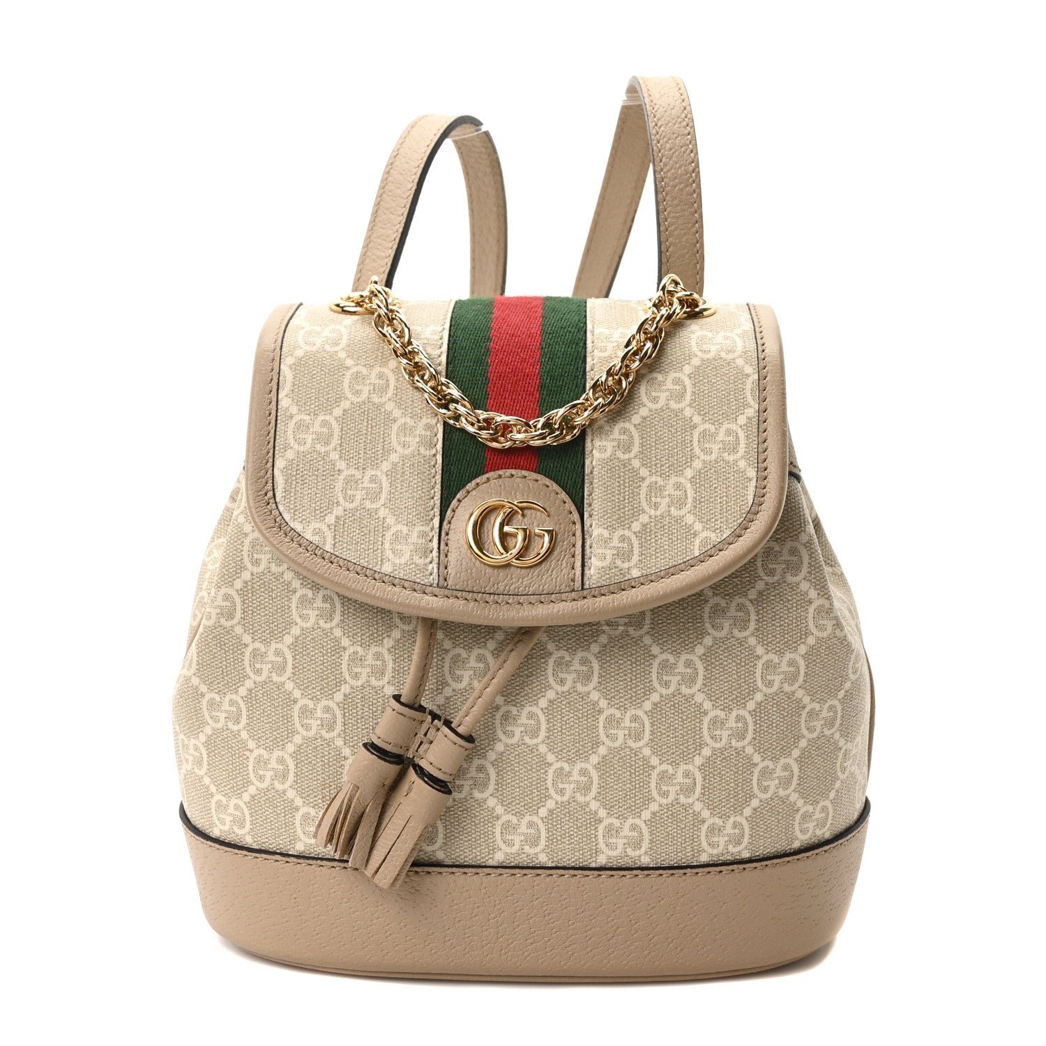 Gucci GG Supreme Monogram Textured Dollar Calfskin Web Mini Chain Drawstring Backpack Beige Mystic White Oatmeal