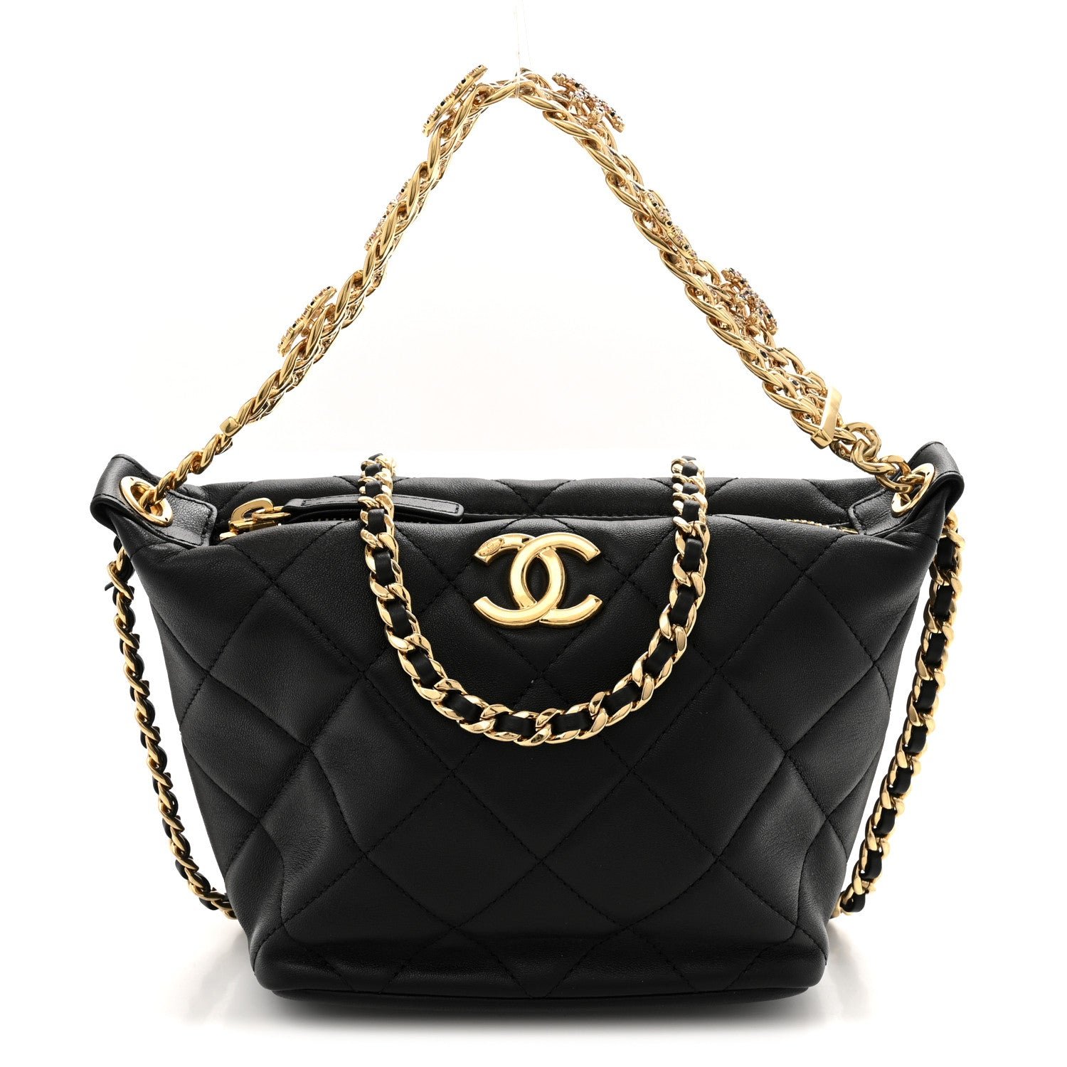 Chanel Lambskin Quilted Crystal Small CC Chain Hobo Black