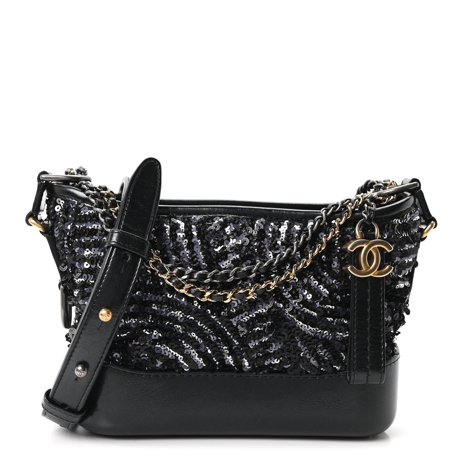Chanel Sequin Calfskin Small Gabrielle Hobo Black Silver