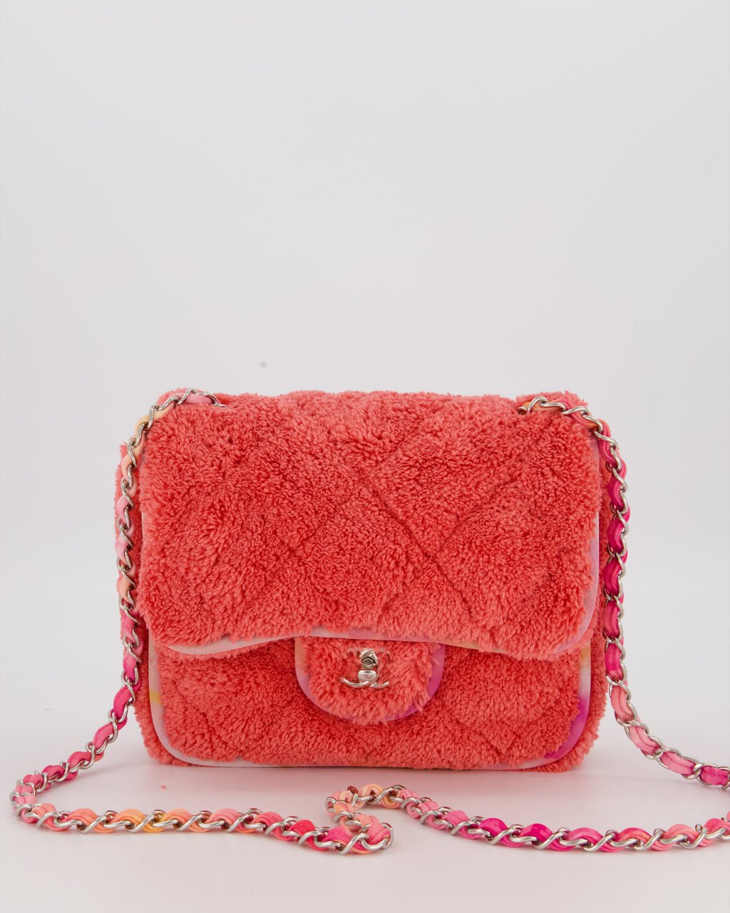 Chanel Pink Terry Cloth Quilted Square Flap Bag with Silver Hardware