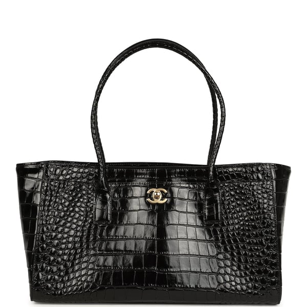 Chanel Small Cerf Shopping Bag Black Croc Embossed Calfskin Gold Hardware