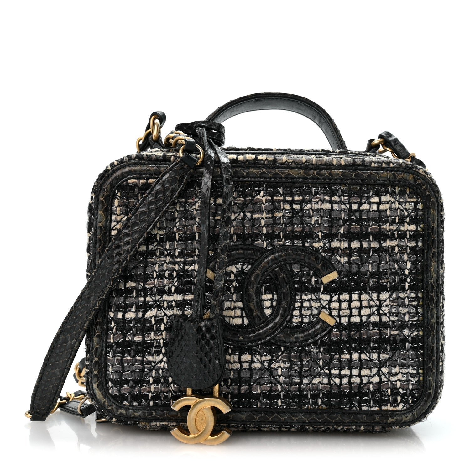 Chanel Tweed Snakeskin Quilted Medium CC Filigree Vanity Case Dark Navy