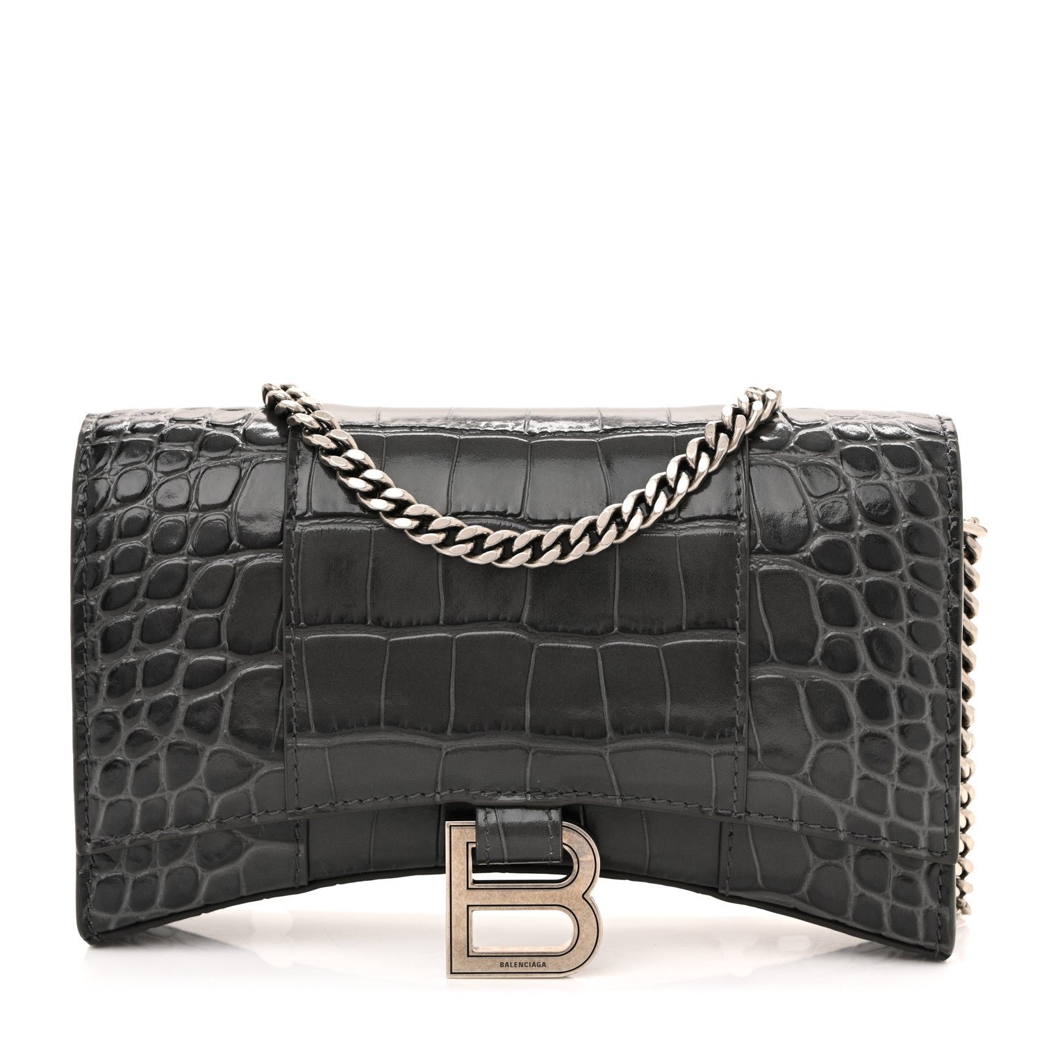 Balenciaga Balenciaga Shiny Calfskin Crocodile Embossed Hourglass Chain Bag Gris
