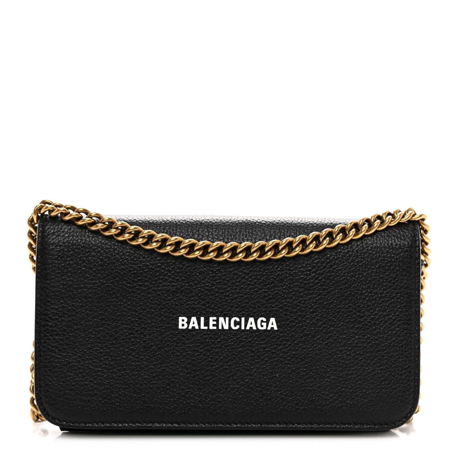 Balenciaga Grained Calfskin Logo Cash Phone Holder Wallet On Chain Black White