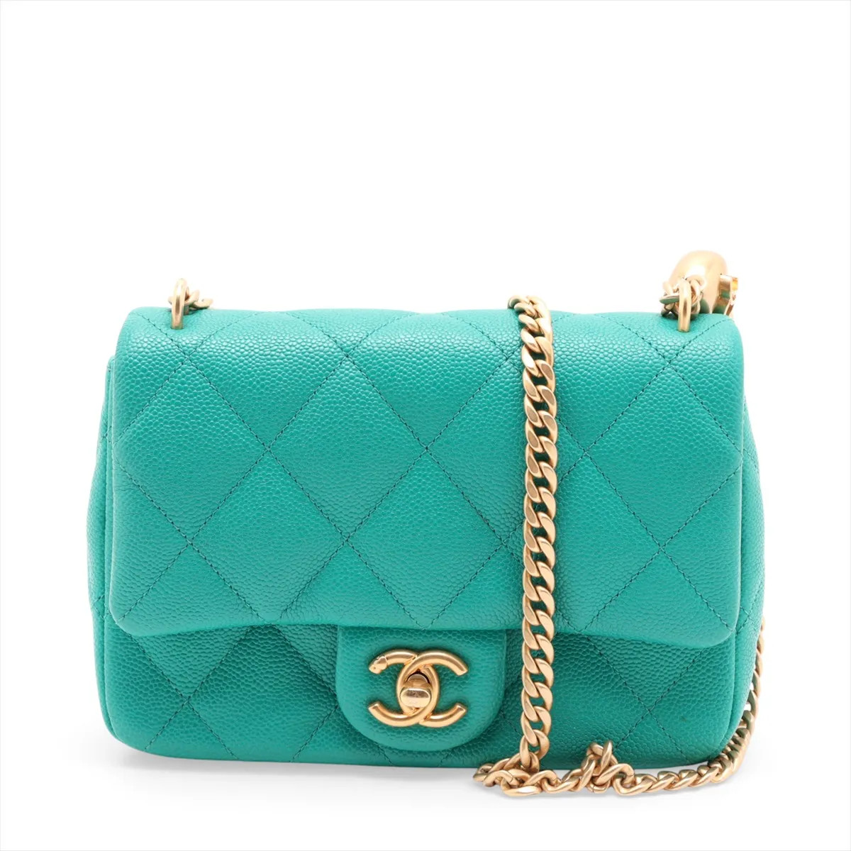 Chanel Mini Matelasse Caviar Skin Chain Shoulder Bag hearts Green Gold Metal Fit