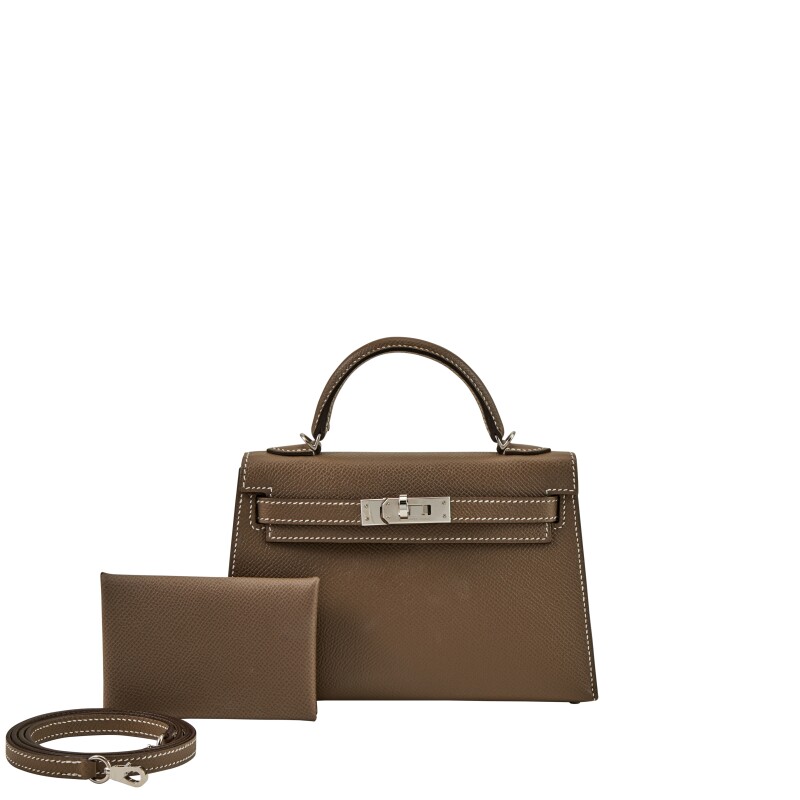 Etoupe Epsom Mini Kelly II 20 HSS Palladium Hardware, 2019 and Etoupe Epsom Porte-Carte Clavi