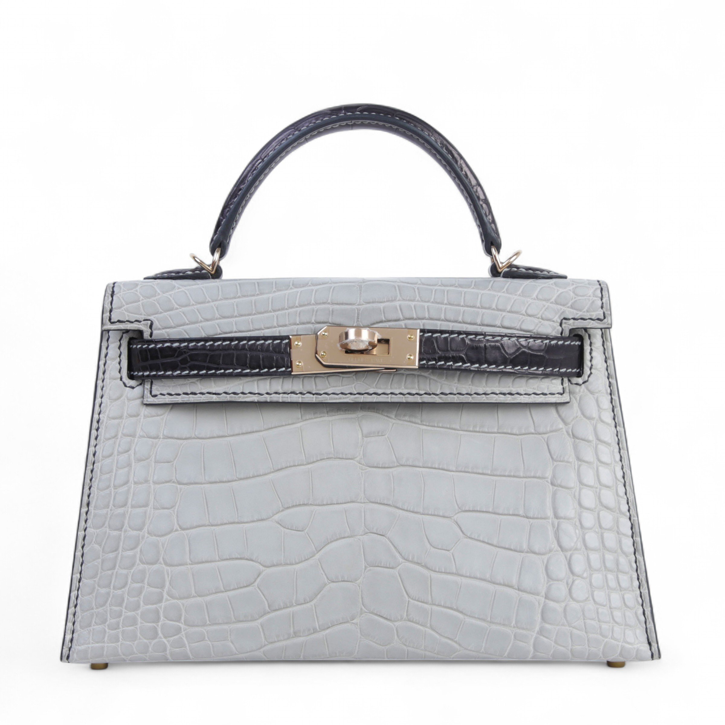 Hermes Unused ( Rank NS ) HERMÈS Special Order Mini Kelly II Gris Perle (80) Noir (89) Matte Alligator Rose Gold hardware B (2023)