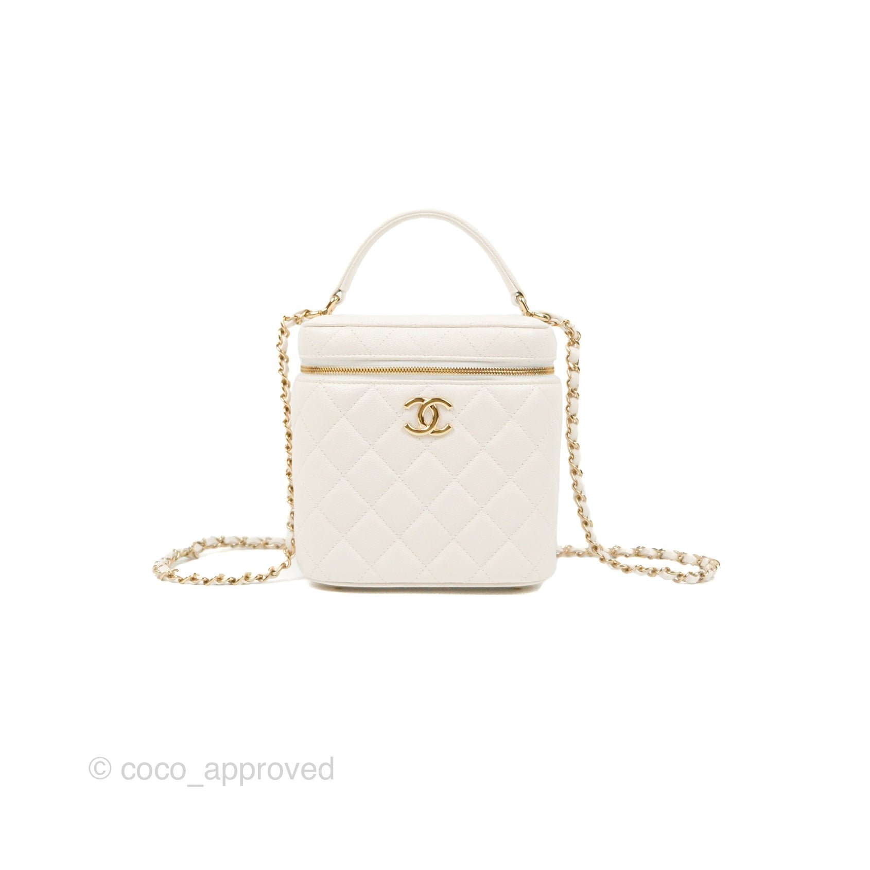 Chanel Quilted Top Handle Vanity Case White Caviar Gold Hardware