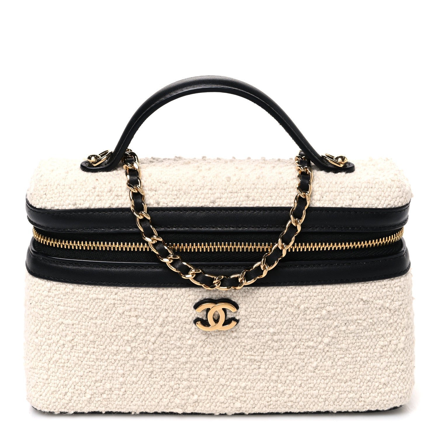 Chanel Boucle Calfskin Top Handle Slim Vanity Case With Chain Ecru Black