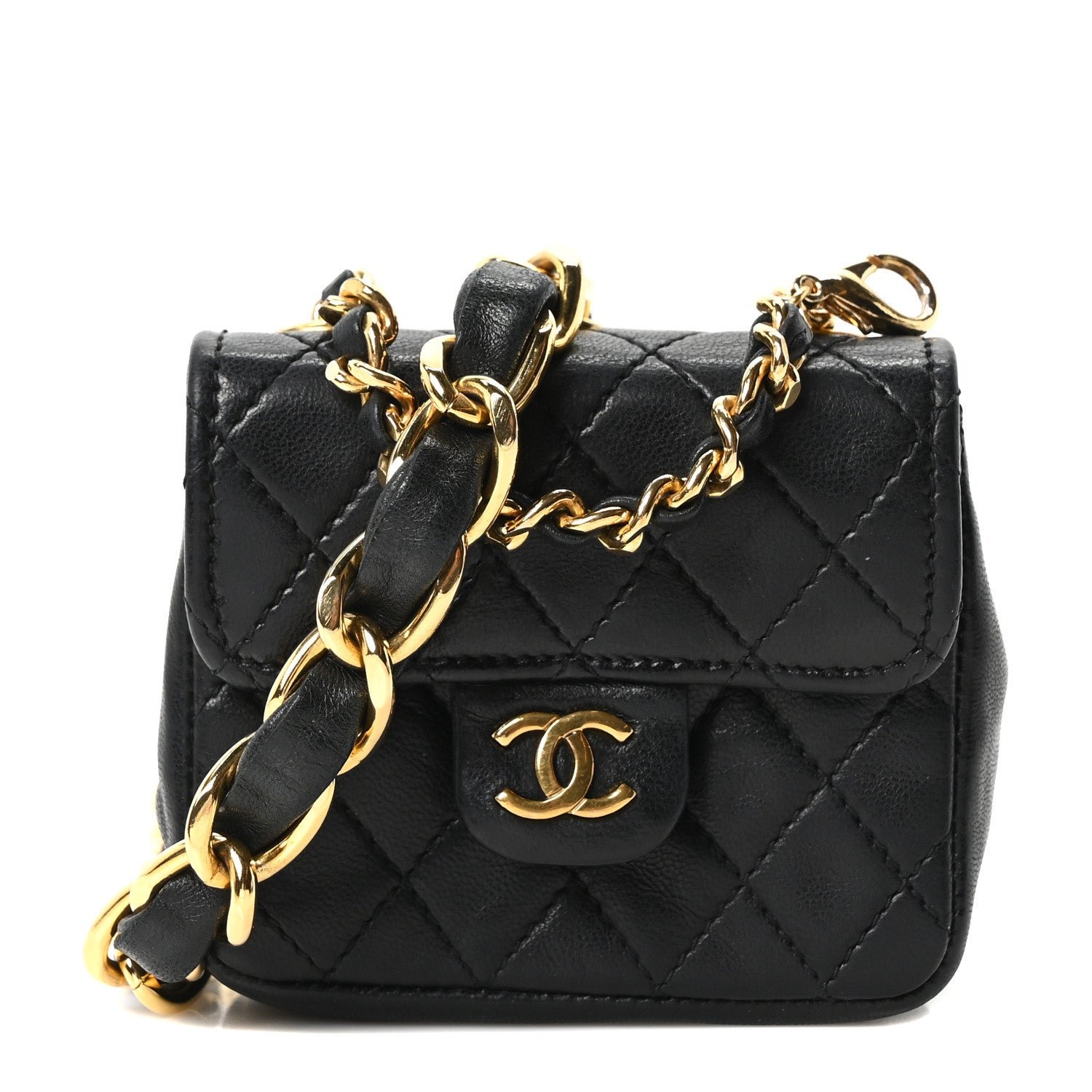 Chanel Lambskin Quilted Micro Flap Bag Charm Keychain Black