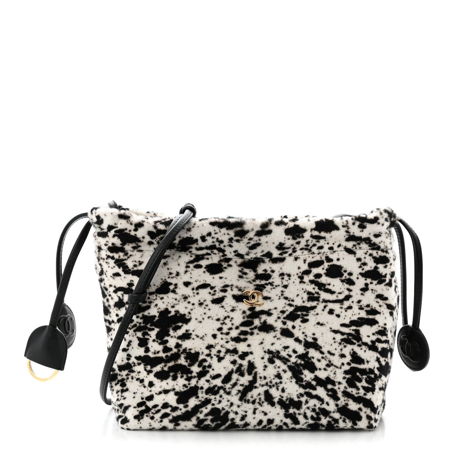 Chanel Pony Hair Printed Drawstring Clutch With Strap White Black