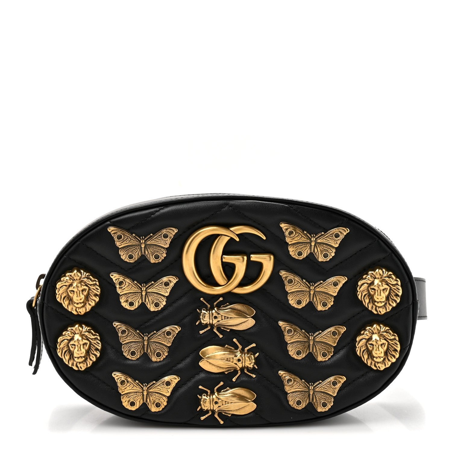 Gucci Calfskin Matelasse Animal Studs GG Marmont Belt Bag 85 34 Black