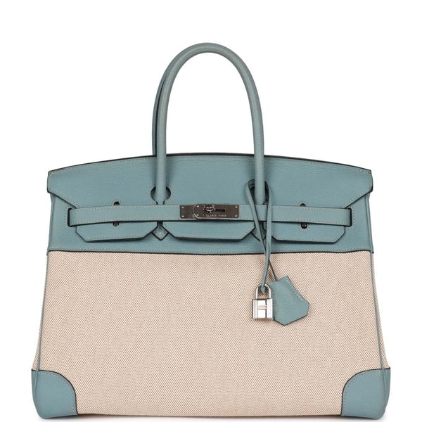 Hermes Pre-owned Hermes Birkin 35 Ciel Clemence and Ecru-Beige Toile H Palladium Hardware
