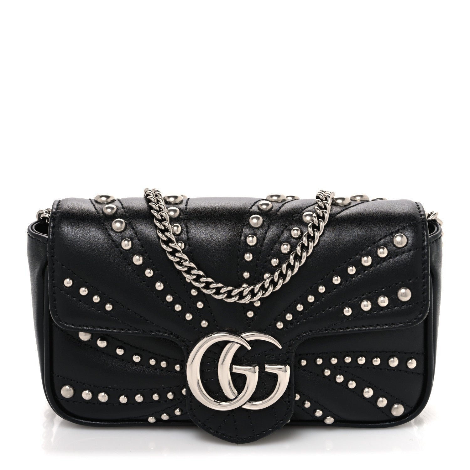 Gucci Calfskin Matelasse Studded Super Mini GG Marmont Shoulder Bag Black