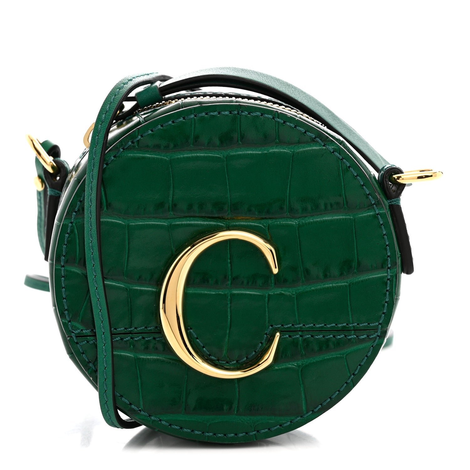Chloe Calfskin Crocodile Embossed Mini C Round Crossbody Woodsy Green