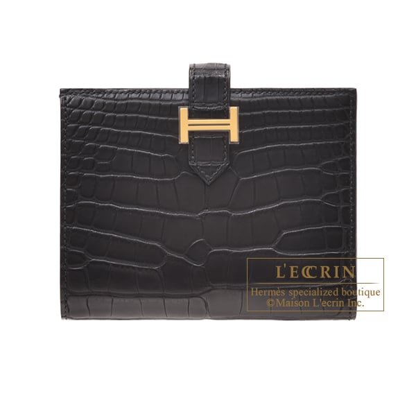Hermes Hermes Bearn compact wallet Black Matt alligator crocodile skin Gold hardware