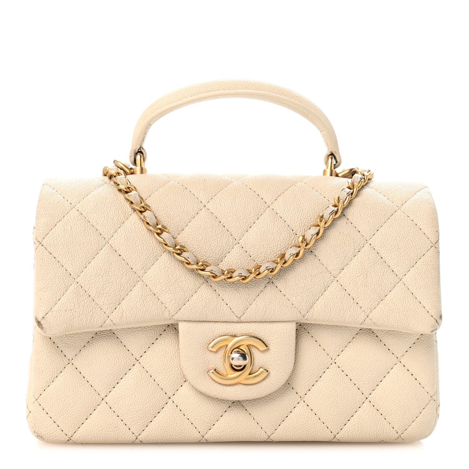 Chanel Caviar Quilted Mini Top Handle Rectangular Flap Beige